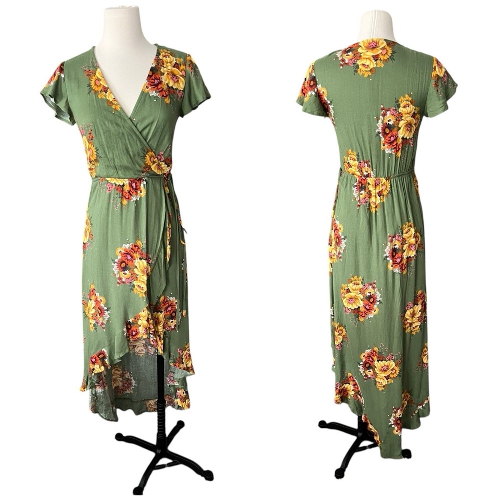 Altar'd State Green Floral High Low Faux Wrap Dress Sz.Small Party Boho Flowy